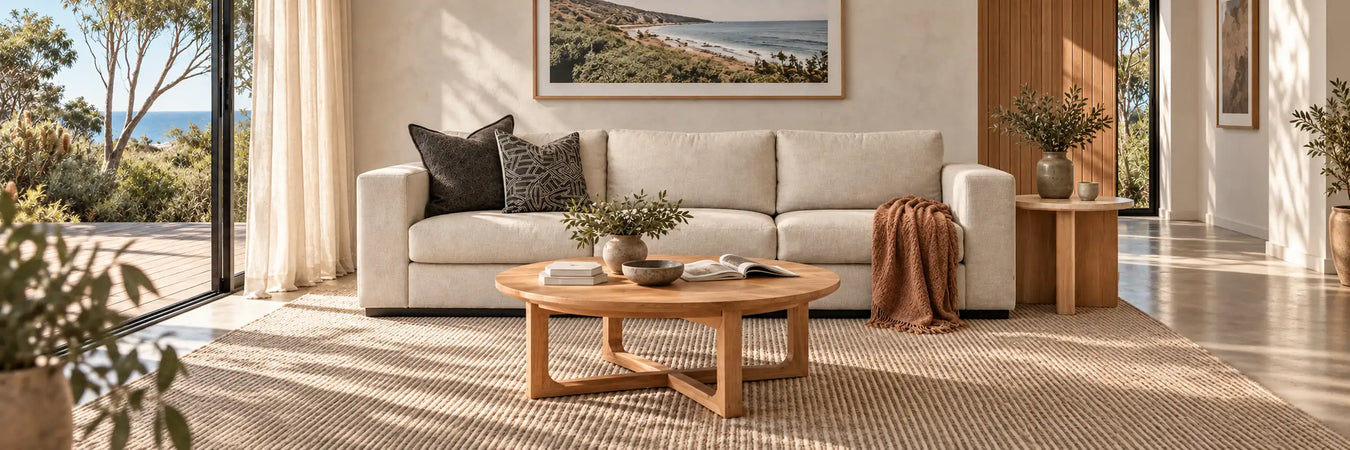 Scully Australian Made Sofa in a warmly styled coastal home