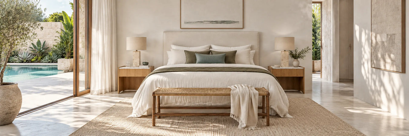 Elsie Bedside - Matt White Marble - Natural Ash in a warmly styled coastal home