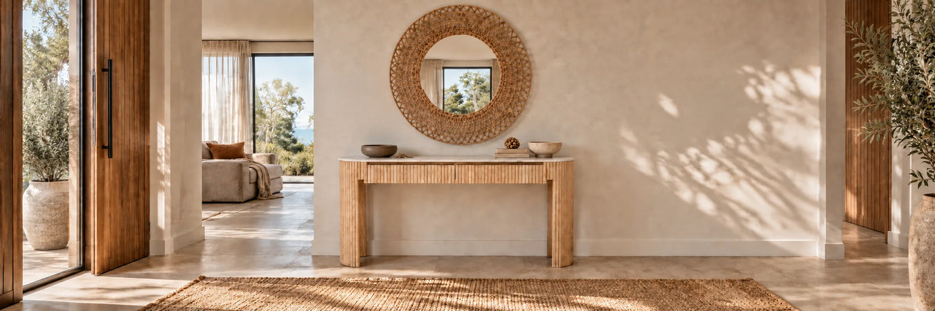 Benjamin Ripple Grand Marble Console - Matt White Marble - Natural Ash in a warmly styled coastal home
