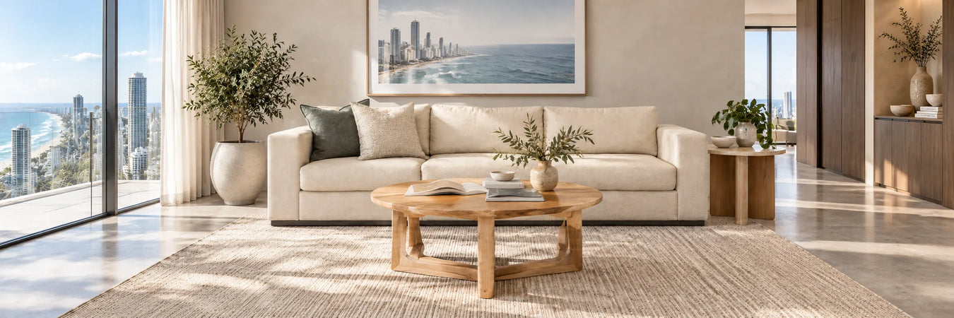 Milla Woven Linen Cushion in a warmly styled coastal home