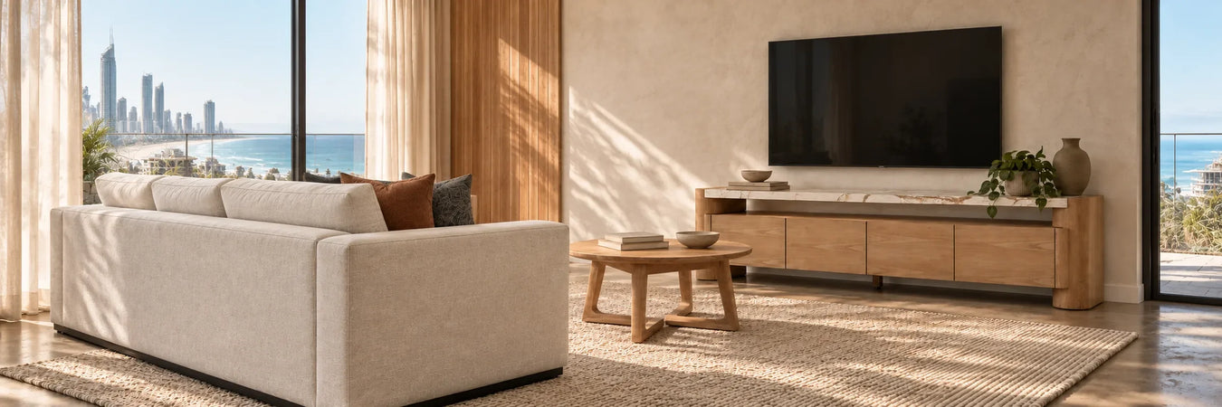 Floyd Marble Entertainment Unit - Matt Brown Vein Marble - Natural Ash Veneer in a warmly styled coastal home