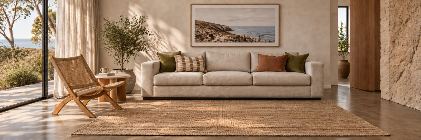 Bidu Woven Jute Armchair in a warmly styled coastal home