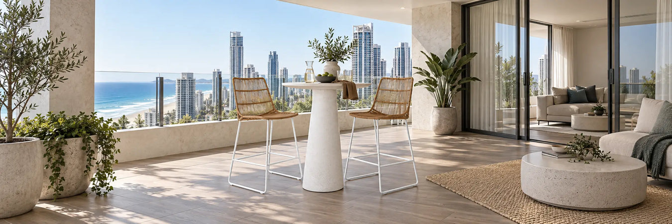 Granada Sleigh Barstool - NATURAL - White in a warmly styled coastal home