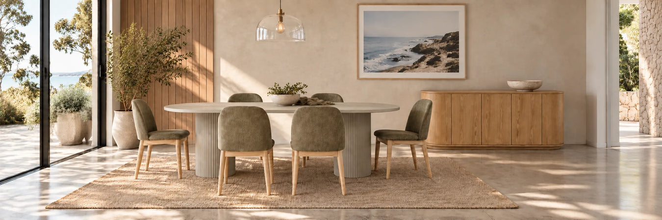 Benjamin Ripple Oval Dining Table - Putty in a warmly styled coastal home