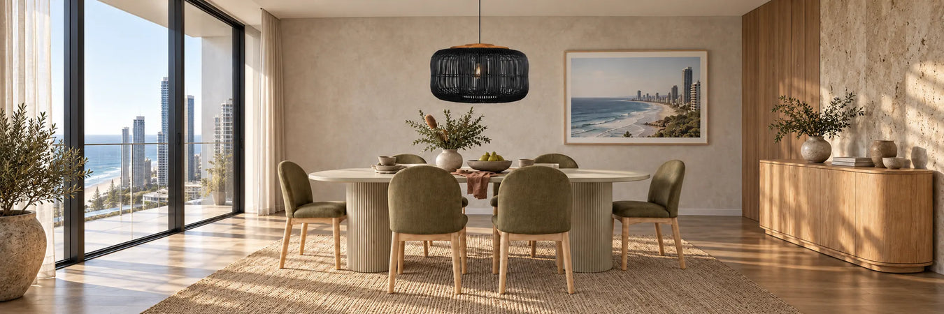 dBodhi Bucket Hanging Lamp in a warmly styled coastal home