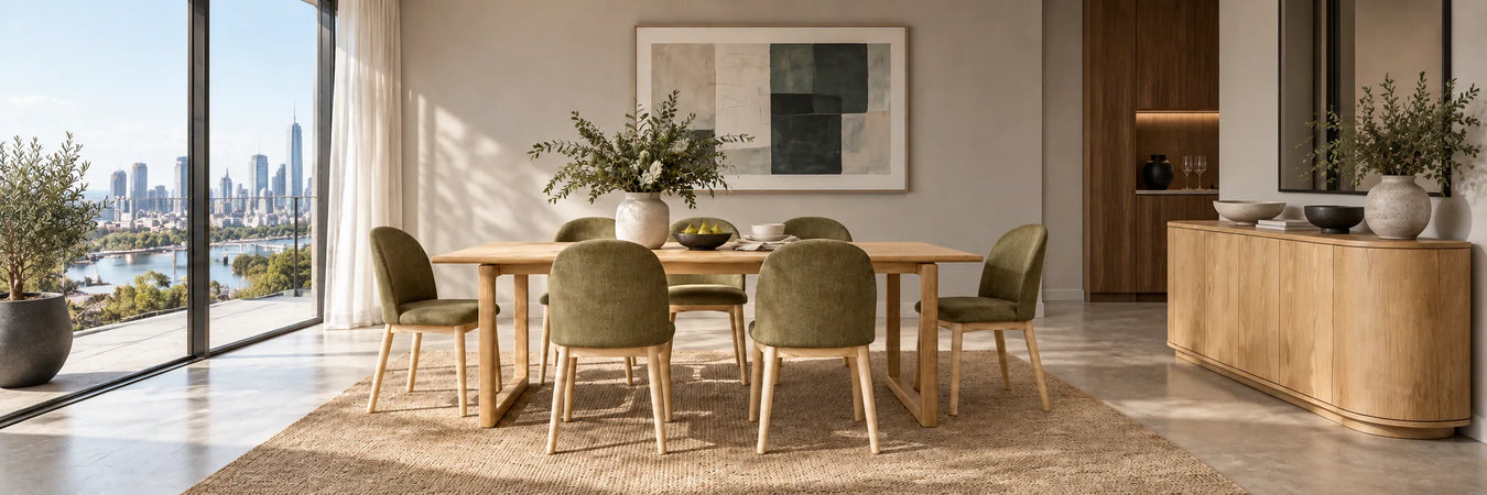Maverick Oak Dining Table in a warmly styled coastal home