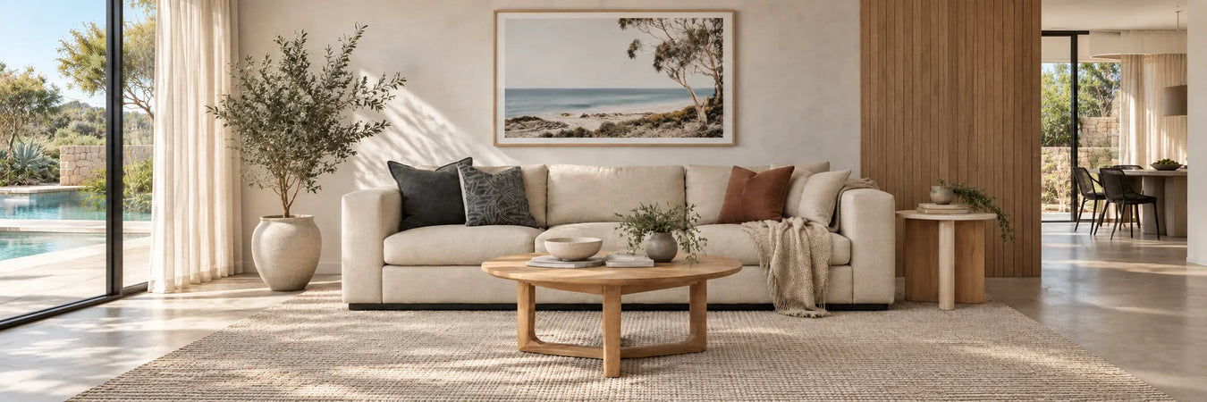 Fremont Wool Rug in a warmly styled coastal home