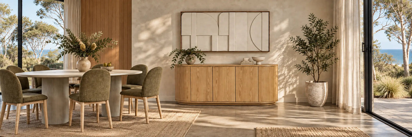 Oberon Crescent Buffet in a warmly styled coastal home