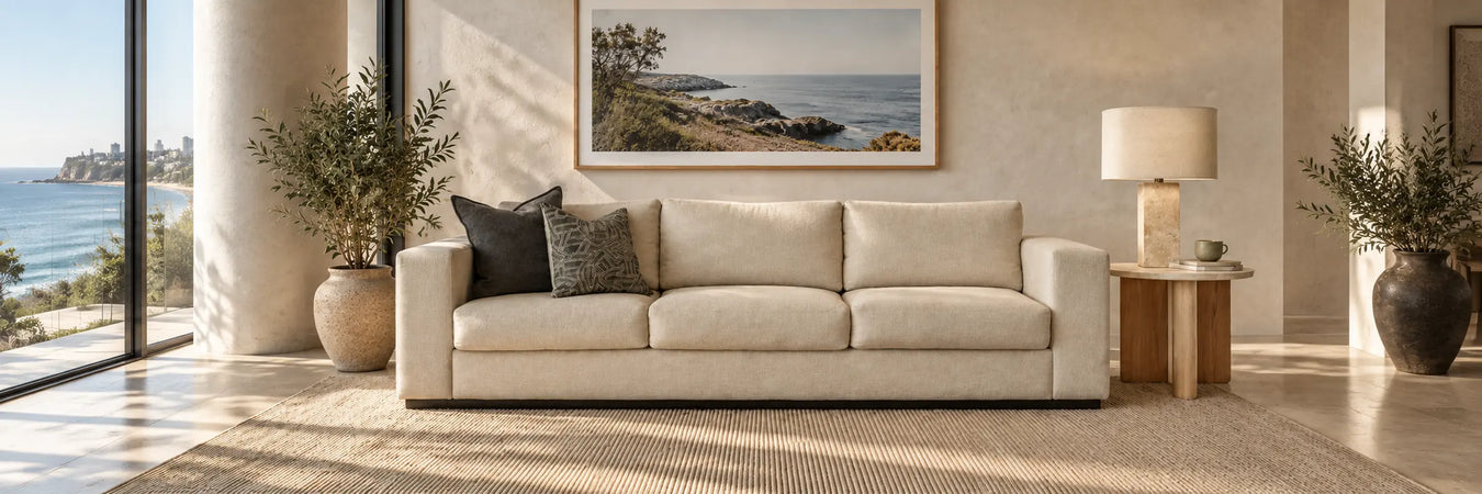 Ava Travertine Table Lamp in a warmly styled coastal home