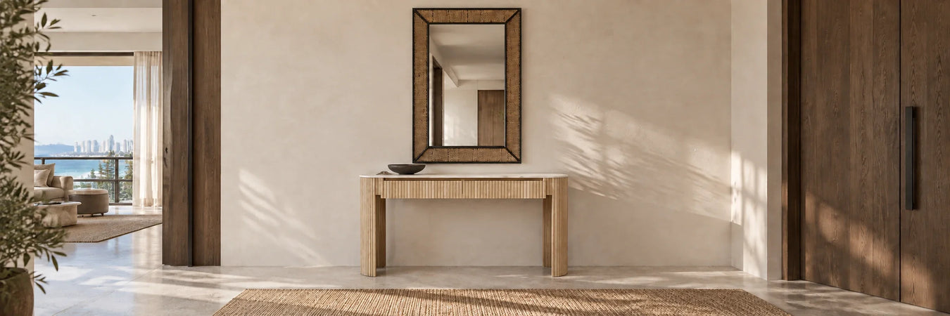Bradford Rectangular Mirror in a warmly styled coastal home