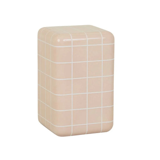 Andalusian Mosaic Side Table in pink glaze tile with white grout, three-quarter view