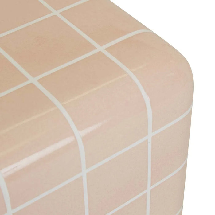 Close-up of the rounded side edge of the Andalusian Mosaic Side Table in pink glaze
