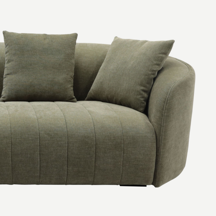 Juniper Pearl Sofa - Copeland Olive, close-up of the curved arm and cushions