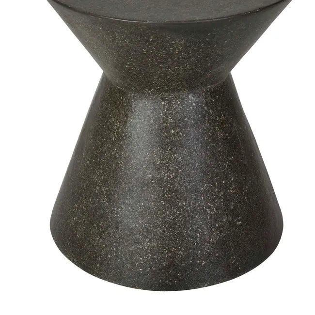 Close-up of the flared base of the Granada Hourglass Side Table in black fleck