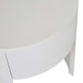 Close-up of the curved edge and drawer line of the Oberon Crescent Bedside in white grain ash