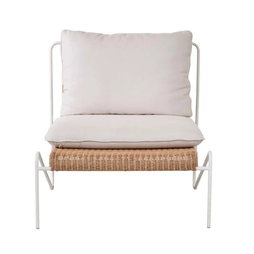 Blossom Armchair with a bone frame, woven honey seat and cream cushions, front view
