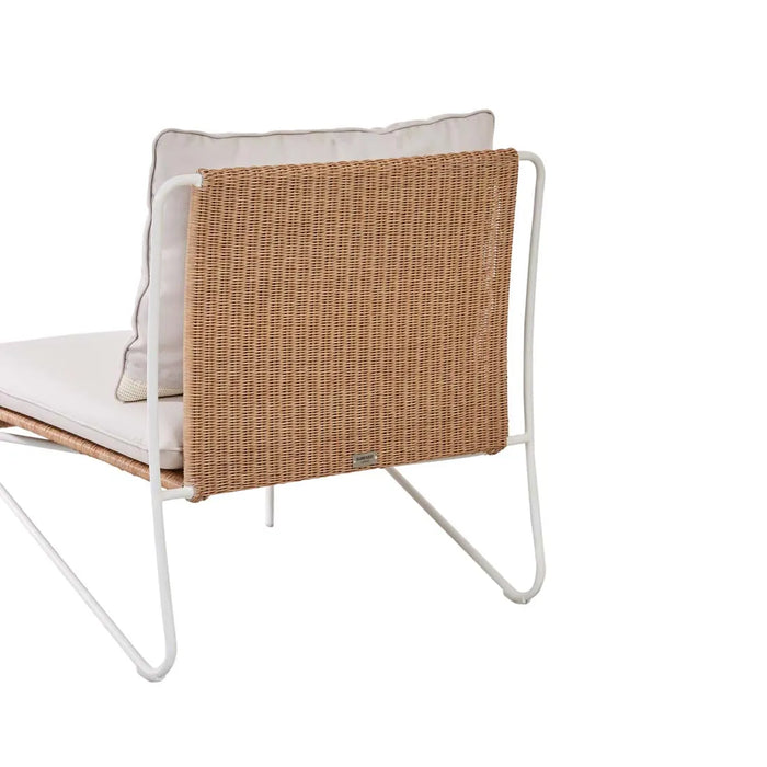 Blossom Armchair, back view showing the woven honey back panel