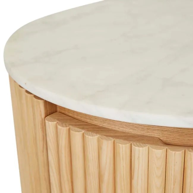 Benjamin Ripple Marble Round Bedside - Matt White Marble 56 x 47 x 59cm