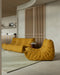 Edgewater Floor Rug in Pistachio, styled with a mustard sofa and lounge chair in an open living room