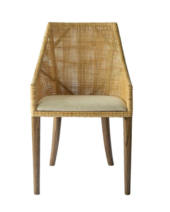 Michigan Dining Chair with a woven natural back and upholstered seat, three-quarter view
