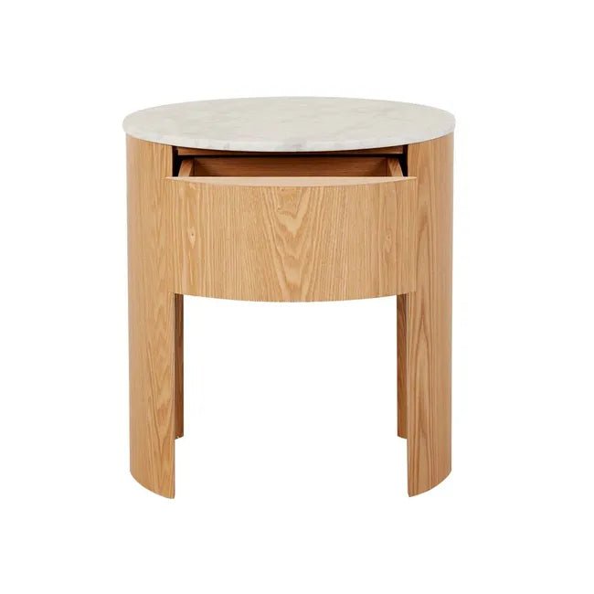 Oberon Crescent Marble Bedside - Matt White Marble - Natural Ash