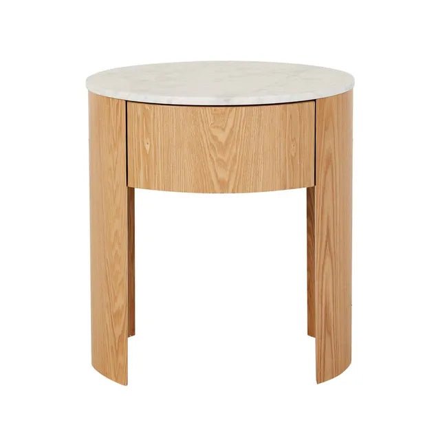 Oberon Crescent Marble Bedside - Matt White Marble - Natural Ash