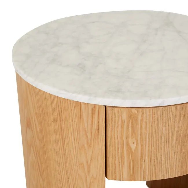 Oberon Crescent Marble Bedside - Matt White Marble - Natural Ash