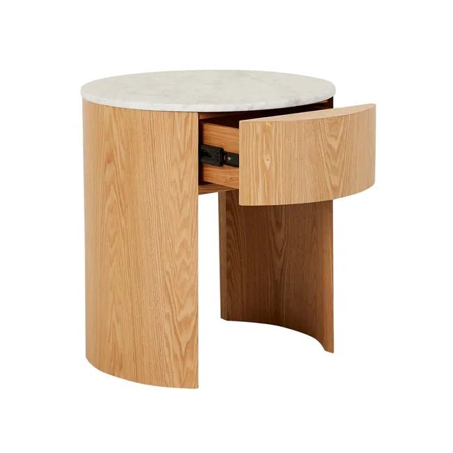 Oberon Crescent Marble Bedside - Matt White Marble - Natural Ash