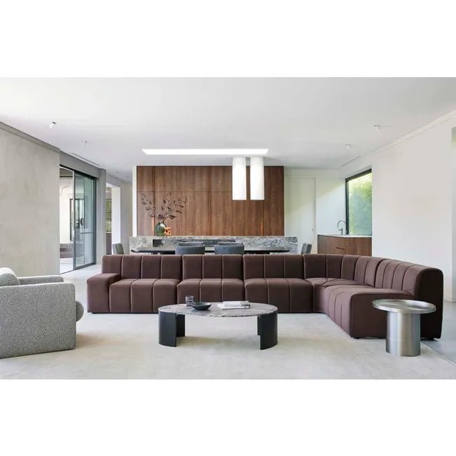 Oberon Curve Marble Coffee Table - Matt Storm Marble - Matt Dark Oak