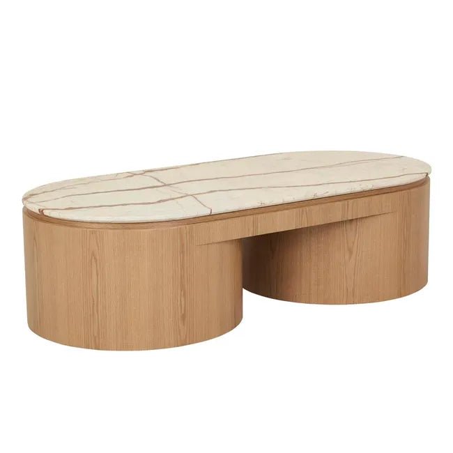 Pluto Oval Marble Coffee Table - Brown Vein Marble - Natural Ash