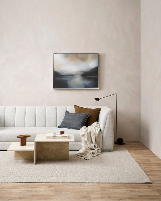 Vermont Floor Rug in Driftwood, in a living room with a white channelled sofa and stone coffee table