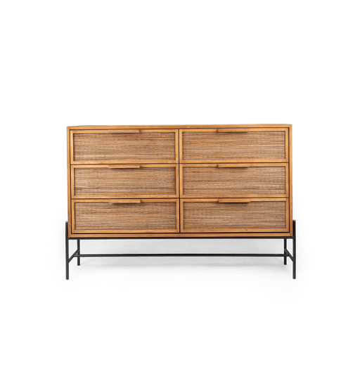 dBodhi Coco Dresser with 6 drawers in natural timber on a black metal base, front view