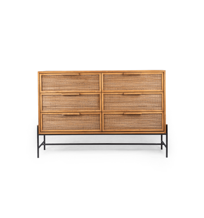 dBodhi Coco Dresser with 6 drawers in natural timber on a black metal base, front view